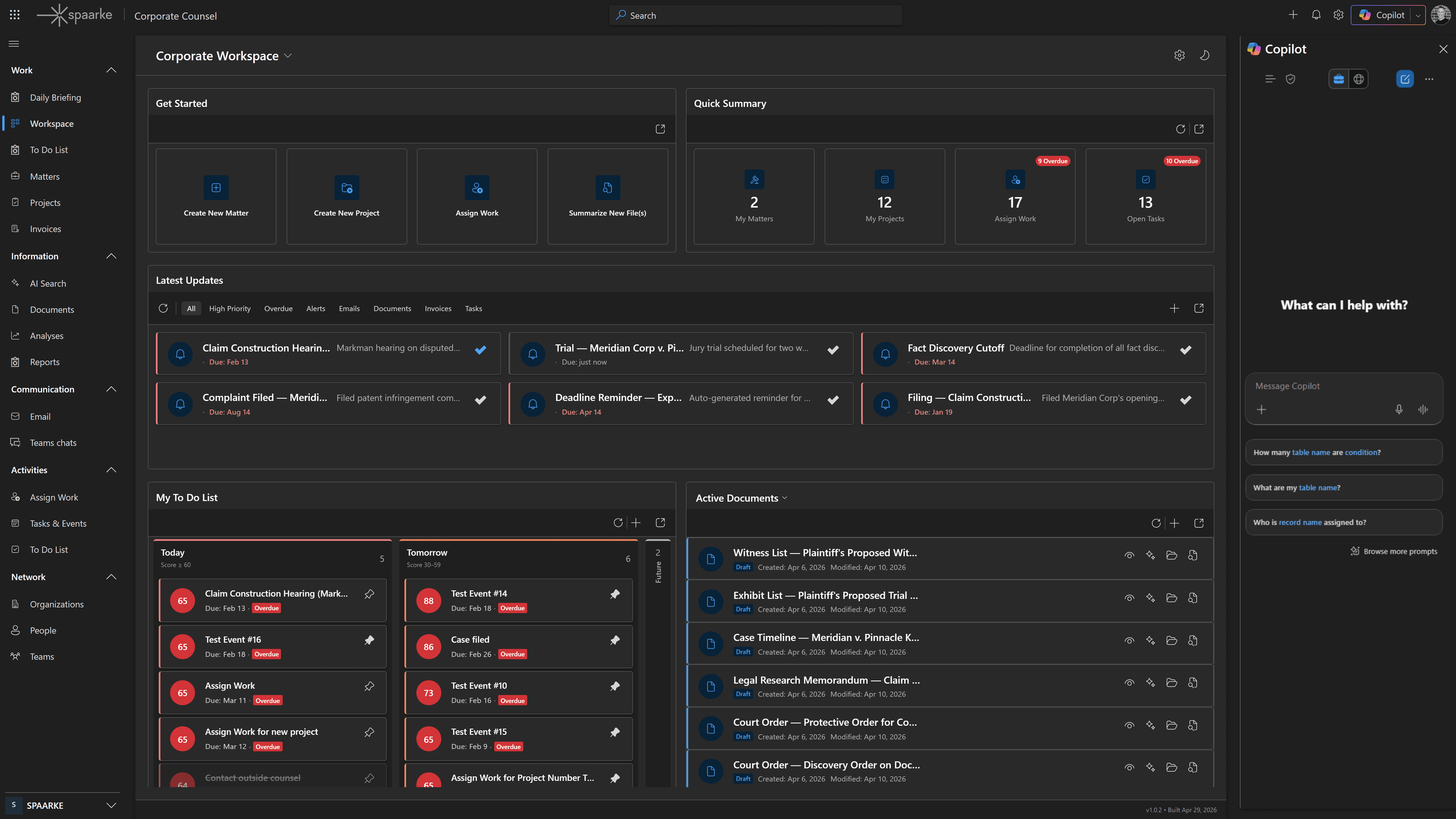 Spaarke Corporate Counsel workspace — dashboard with matters, projects, and Copilot panel